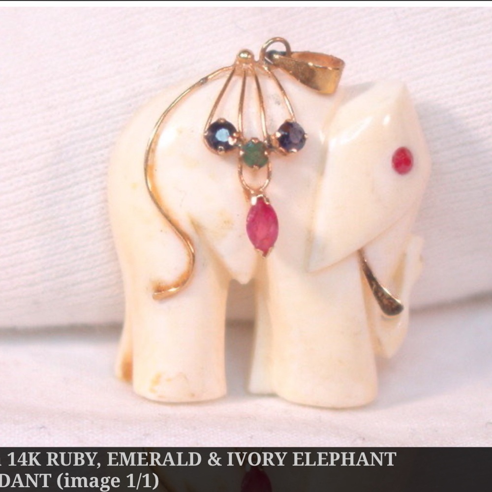 14K RUBY, EMERALD & IVORY ELEPHANT PENDANT